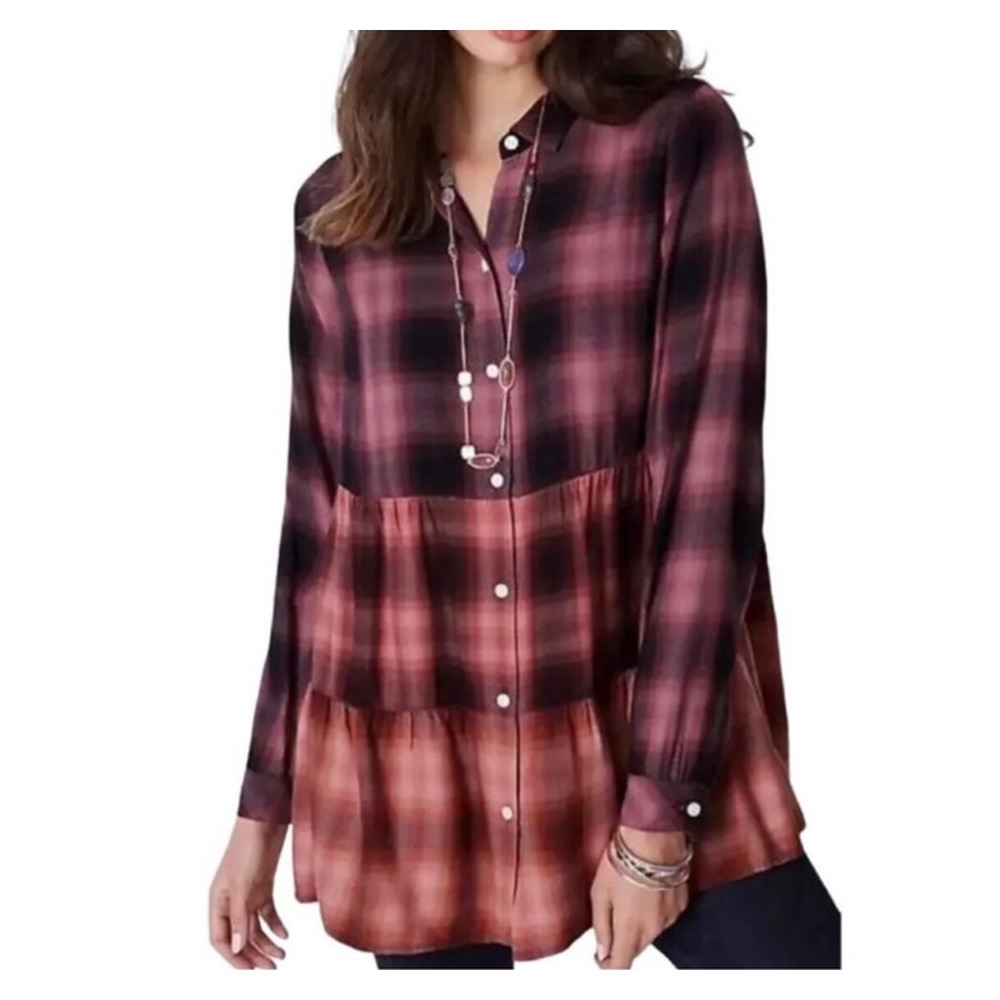 J Jill Ombre Plaid Flannel Tunic Tiered Size 3X Button Down Shirt Mauve Pink